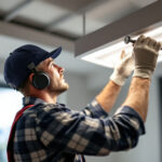 A photograph of a lighting contractor carefully installing or adjusting an office light cover