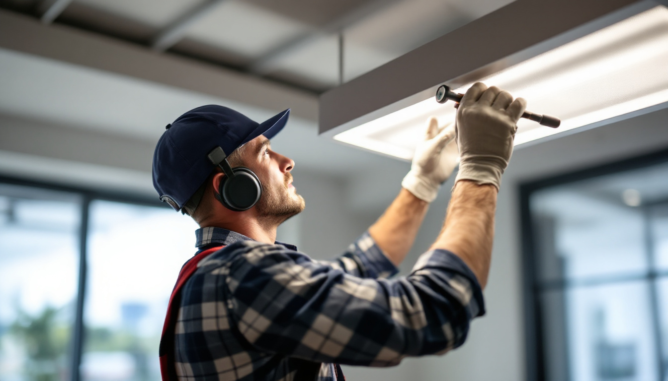 A photograph of a lighting contractor carefully installing or adjusting an office light cover