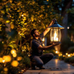 A photograph of a lighting contractor expertly installing or showcasing a large solar lantern in a beautifully lit outdoor setting