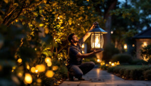 A photograph of a lighting contractor expertly installing or showcasing a large solar lantern in a beautifully lit outdoor setting