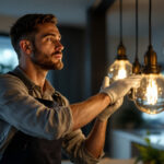 A photograph of capture a photograph of a skilled lighting contractor expertly installing or adjusting elegant bay lighting fixtures in a beautifully designed interior space