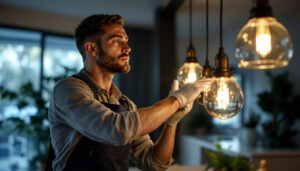 A photograph of capture a photograph of a skilled lighting contractor expertly installing or adjusting elegant bay lighting fixtures in a beautifully designed interior space
