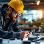 A photograph of a lighting contractor examining various light sensors in a well-lit workspace