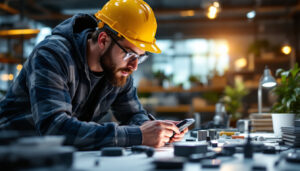 A photograph of a lighting contractor examining various light sensors in a well-lit workspace