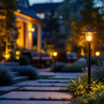 A photograph of a beautifully illuminated outdoor space featuring solar post lights in a garden or patio setting