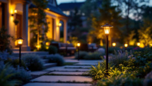 A photograph of a beautifully illuminated outdoor space featuring solar post lights in a garden or patio setting