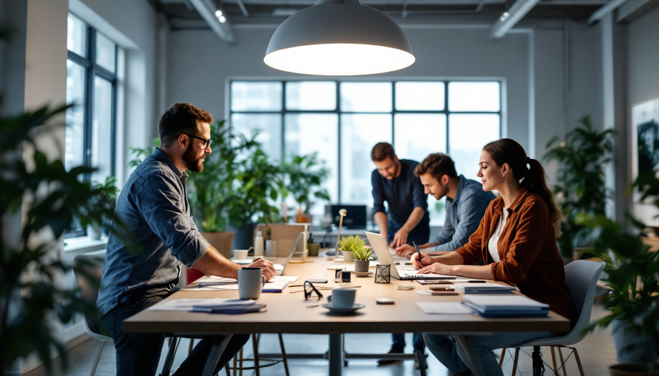A photograph of a well-lit workspace featuring a team of professionals engaged in a hands-on training session about recessed lighting installation
