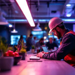 A photograph of a lighting contractor in action