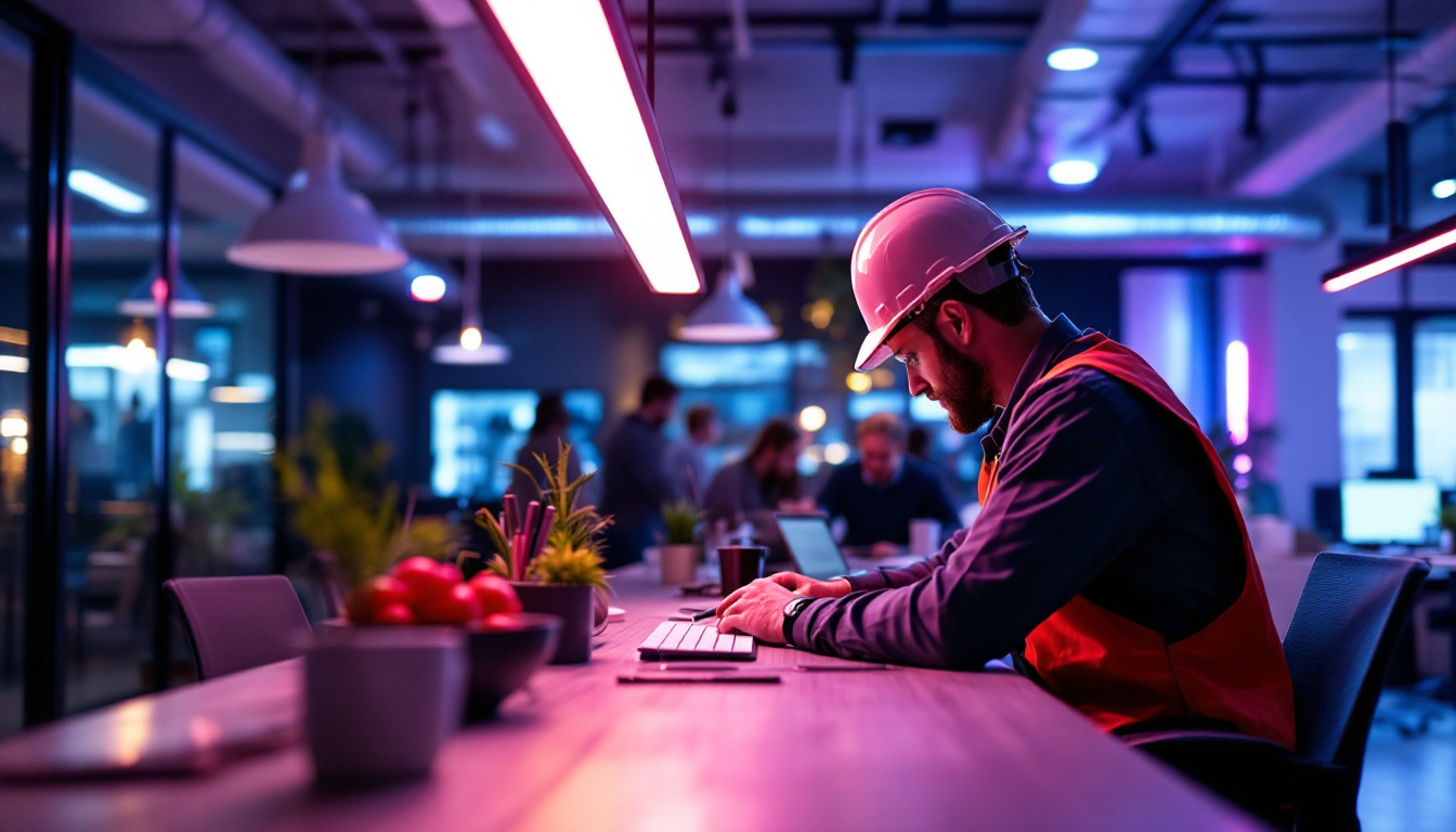 A photograph of a lighting contractor in action