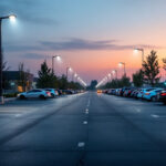 A photograph of a well-lit parking lot at dusk
