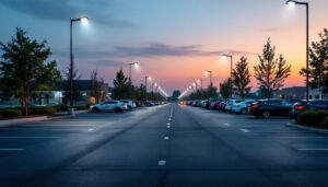 A photograph of a well-lit parking lot at dusk