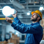 A photograph of a lighting contractor installing or inspecting an 8-foot led light bulb in a commercial or industrial setting