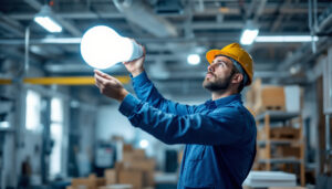 A photograph of a lighting contractor installing or inspecting an 8-foot led light bulb in a commercial or industrial setting