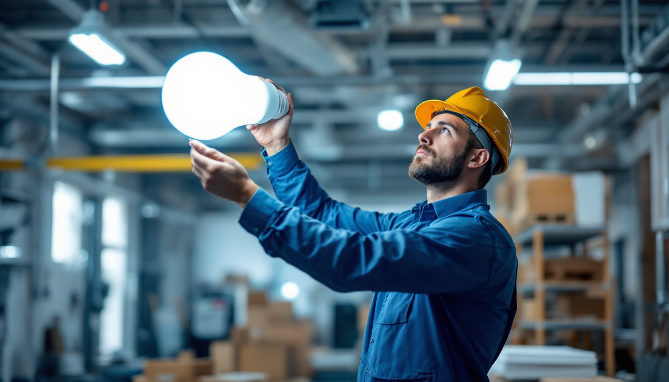 A photograph of a lighting contractor installing or inspecting an 8-foot led light bulb in a commercial or industrial setting