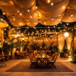 A photograph of a beautifully illuminated outdoor space featuring various styles of canopy lights