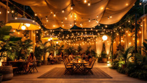 A photograph of a beautifully illuminated outdoor space featuring various styles of canopy lights
