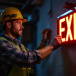 A photograph of a skilled lighting contractor working intently on an illuminated exit sign installation