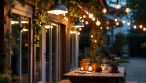 A photograph of a well-lit outdoor space featuring stylish and functional shop lights in use