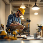 A photograph of a lighting contractor installing a led retrofit kit in a commercial space