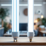 A photograph of a side-by-side comparison of t8 and t12 fluorescent light tubes