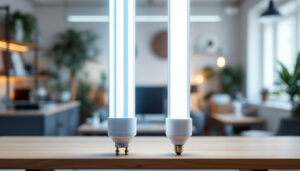 A photograph of a side-by-side comparison of t8 and t12 fluorescent light tubes