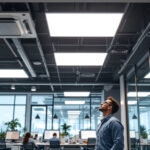 A photograph of a well-lit commercial space featuring 2x2 flat panel led lights installed in the ceiling