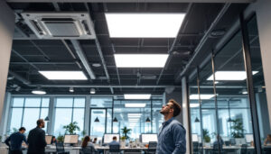 A photograph of a well-lit commercial space featuring 2x2 flat panel led lights installed in the ceiling