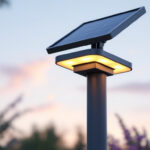 A photograph of a well-lit outdoor scene featuring a stylish solar light mounted on a post