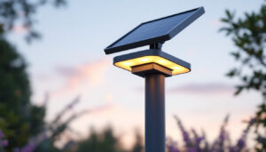 A photograph of a well-lit outdoor scene featuring a stylish solar light mounted on a post