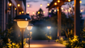 A photograph of capture a photograph of a beautifully illuminated outdoor space at dusk