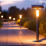 A photograph of a solar bollard light illuminating a pathway in an outdoor setting during twilight
