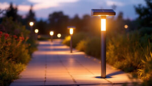 A photograph of a solar bollard light illuminating a pathway in an outdoor setting during twilight