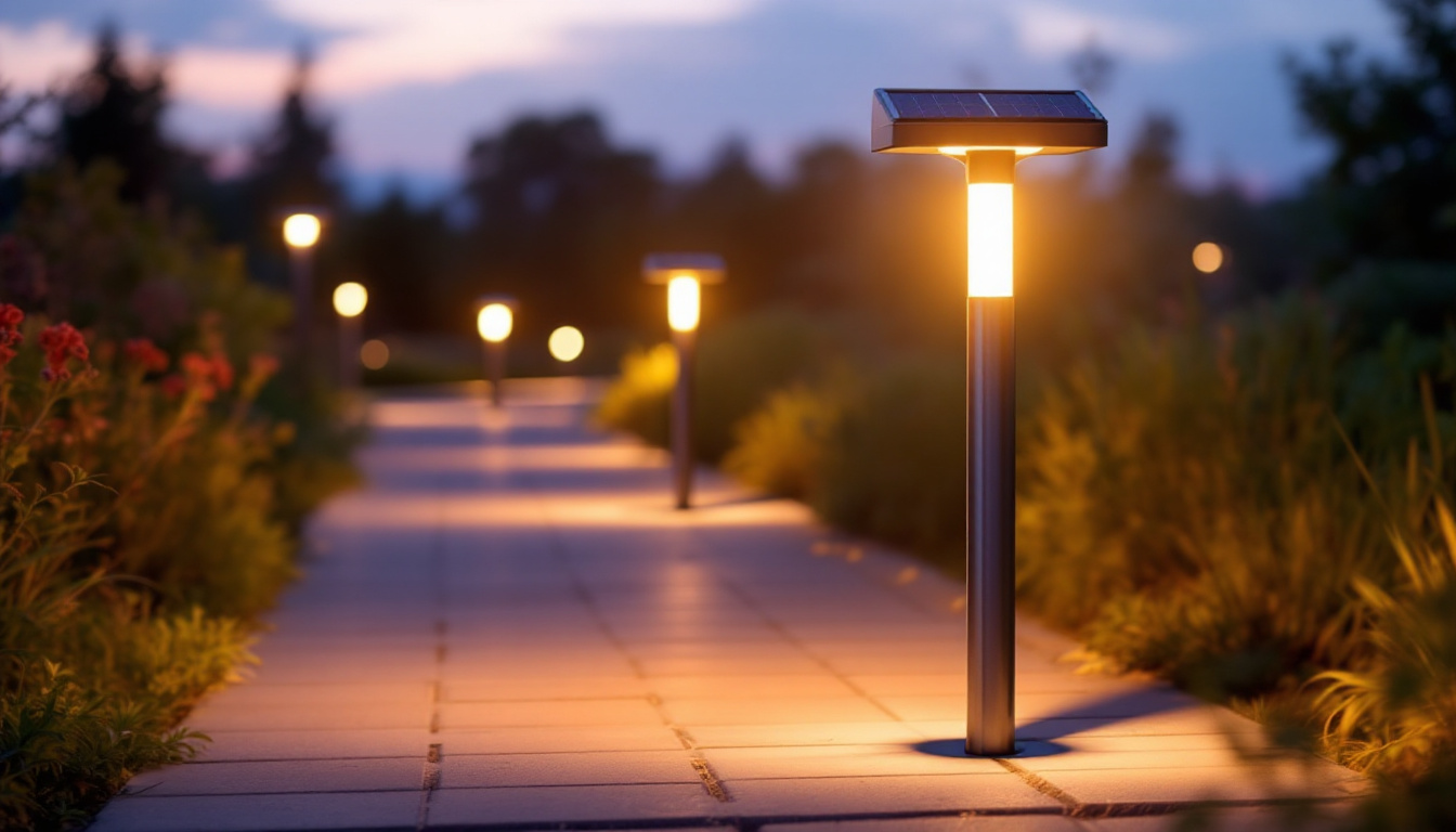 A photograph of a solar bollard light illuminating a pathway in an outdoor setting during twilight