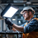 A photograph of a lighting contractor installing a k1 led mount in a commercial space