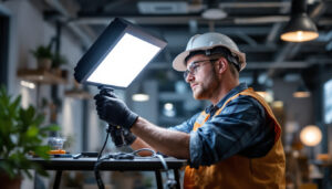 A photograph of a lighting contractor installing a k1 led mount in a commercial space