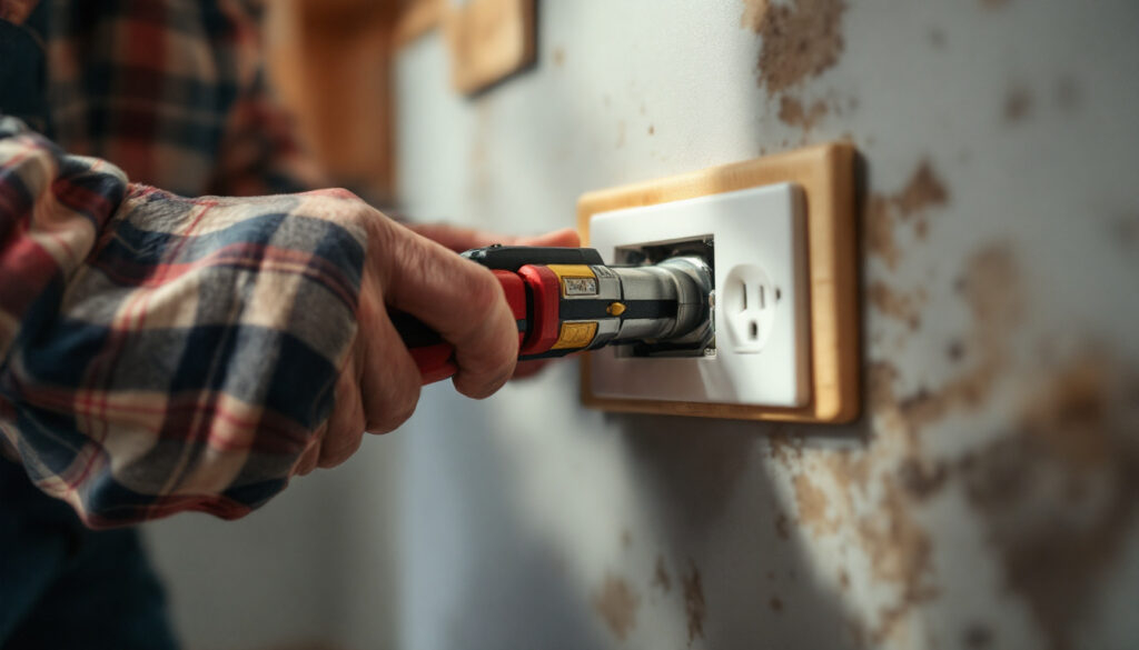 A photograph of a lighting contractor inspecting or installing a dryer outlet in a residential setting