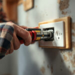 A photograph of a lighting contractor inspecting or installing a dryer outlet in a residential setting