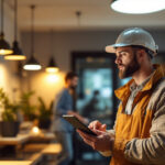 A photograph of a lighting contractor assessing a well-lit commercial space