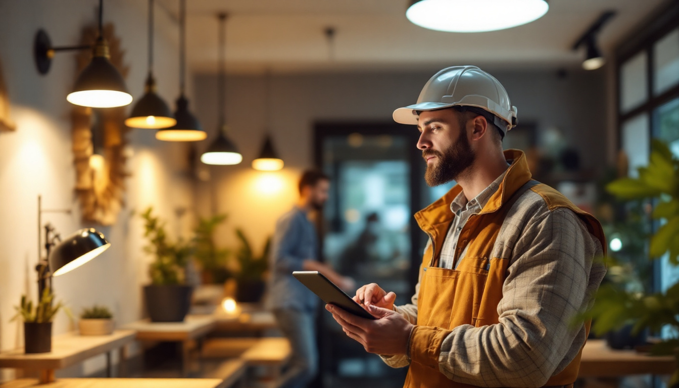 A photograph of a lighting contractor assessing a well-lit commercial space