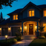 A photograph of a well-lit residential exterior at dusk