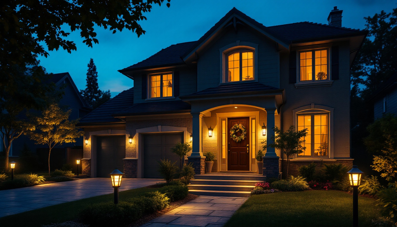 A photograph of a well-lit residential exterior at dusk