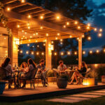 A photograph of a beautifully illuminated outdoor patio space at dusk