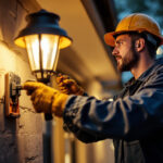 A photograph of a skilled lighting contractor installing or adjusting outdoor light poles in a residential or commercial setting