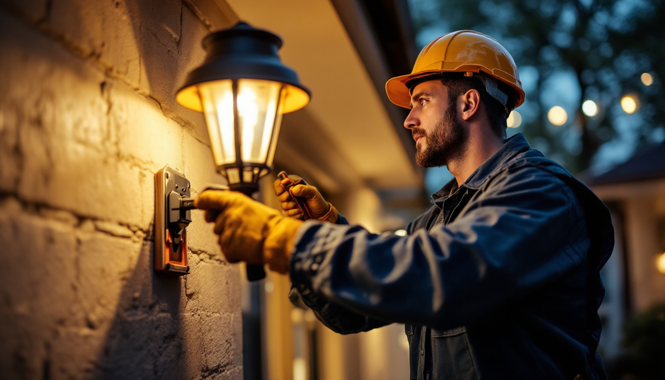 A photograph of a skilled lighting contractor installing or adjusting outdoor light poles in a residential or commercial setting