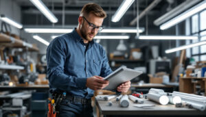 A photograph of a lighting contractor examining various t8 led light fixtures in a well-lit workspace