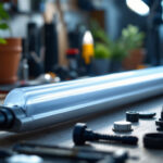 A photograph of a close-up of a fluorescent light ballast alongside various tools and equipment used by lighting professionals