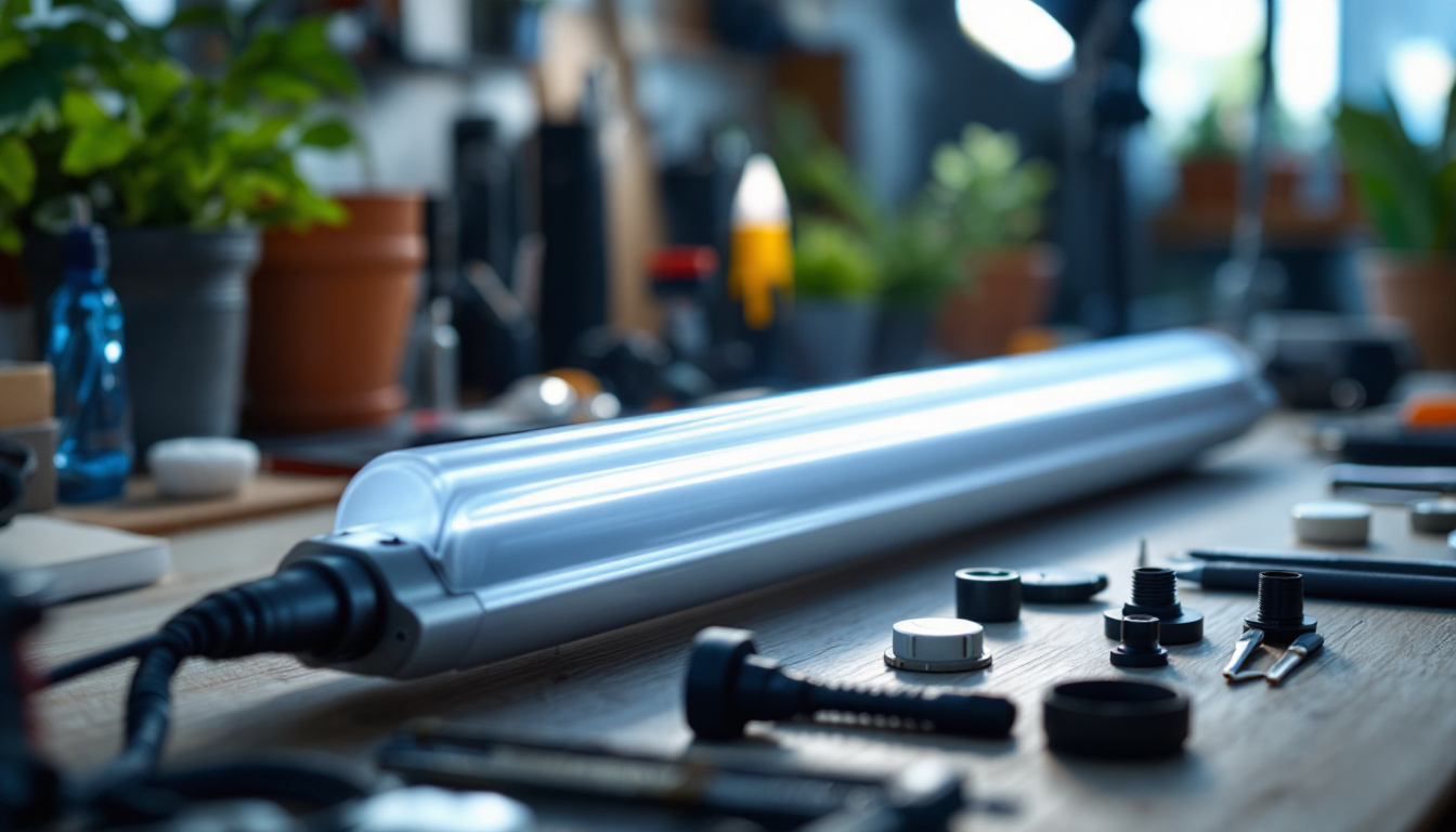 A photograph of a close-up of a fluorescent light ballast alongside various tools and equipment used by lighting professionals