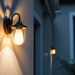 A photograph of a beautifully designed wall-mounted outdoor light fixture installed on a home exterior