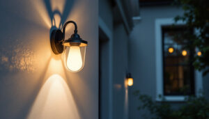 A photograph of a beautifully designed wall-mounted outdoor light fixture installed on a home exterior