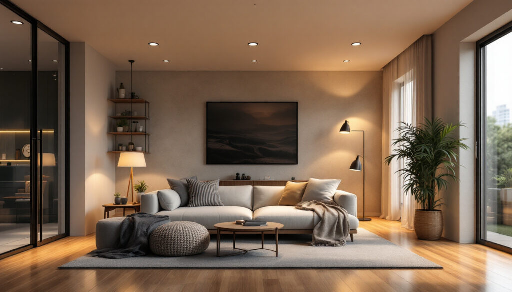 A photograph of a well-lit interior space showcasing a comparison of recessed led downlights and alternative lighting options